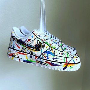 Nike Custom Air Force 1 "Rainbow Splatter" White Shoes Black Swoosh Pride Mens